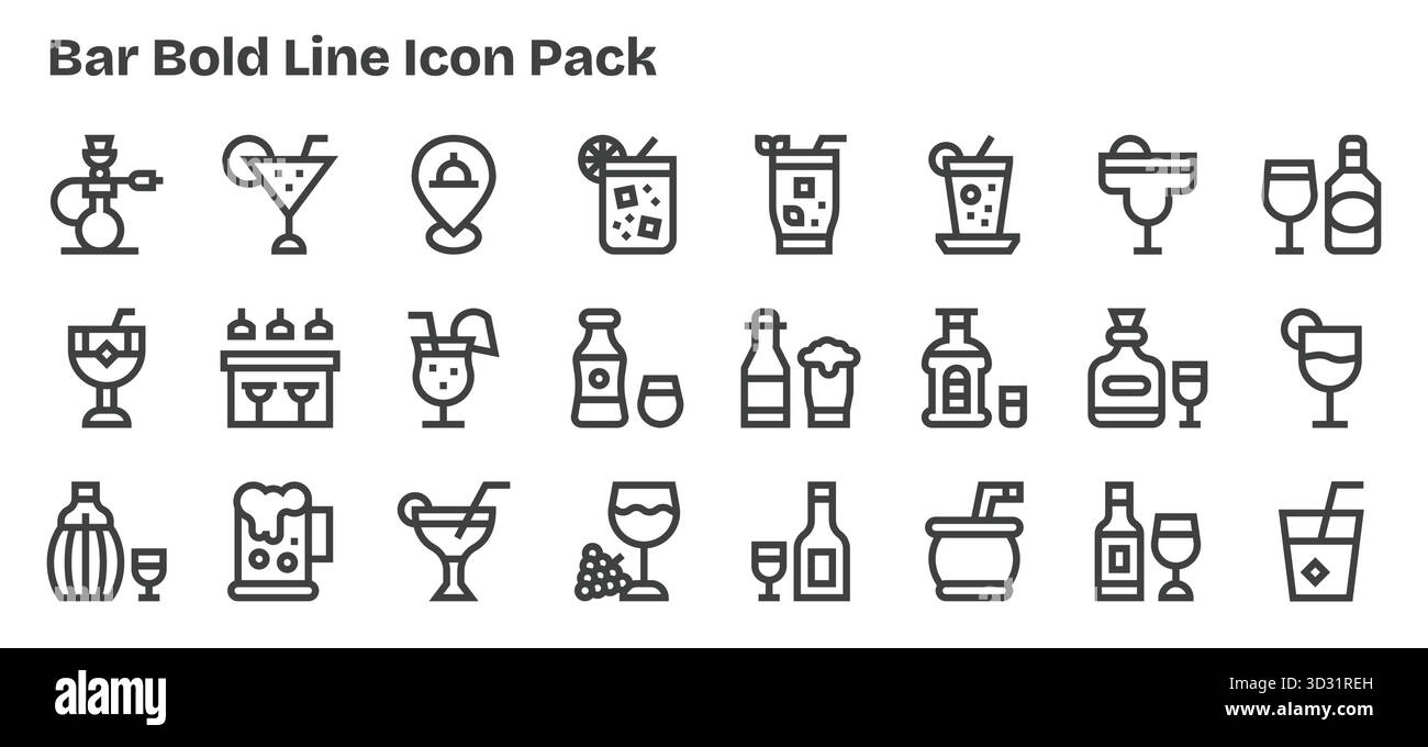 Una raccolta pulita di 24 icone Bold Outline che rappresentano Bar, progettate per dashboard e interfacce moderne. Illustrazione Vettoriale