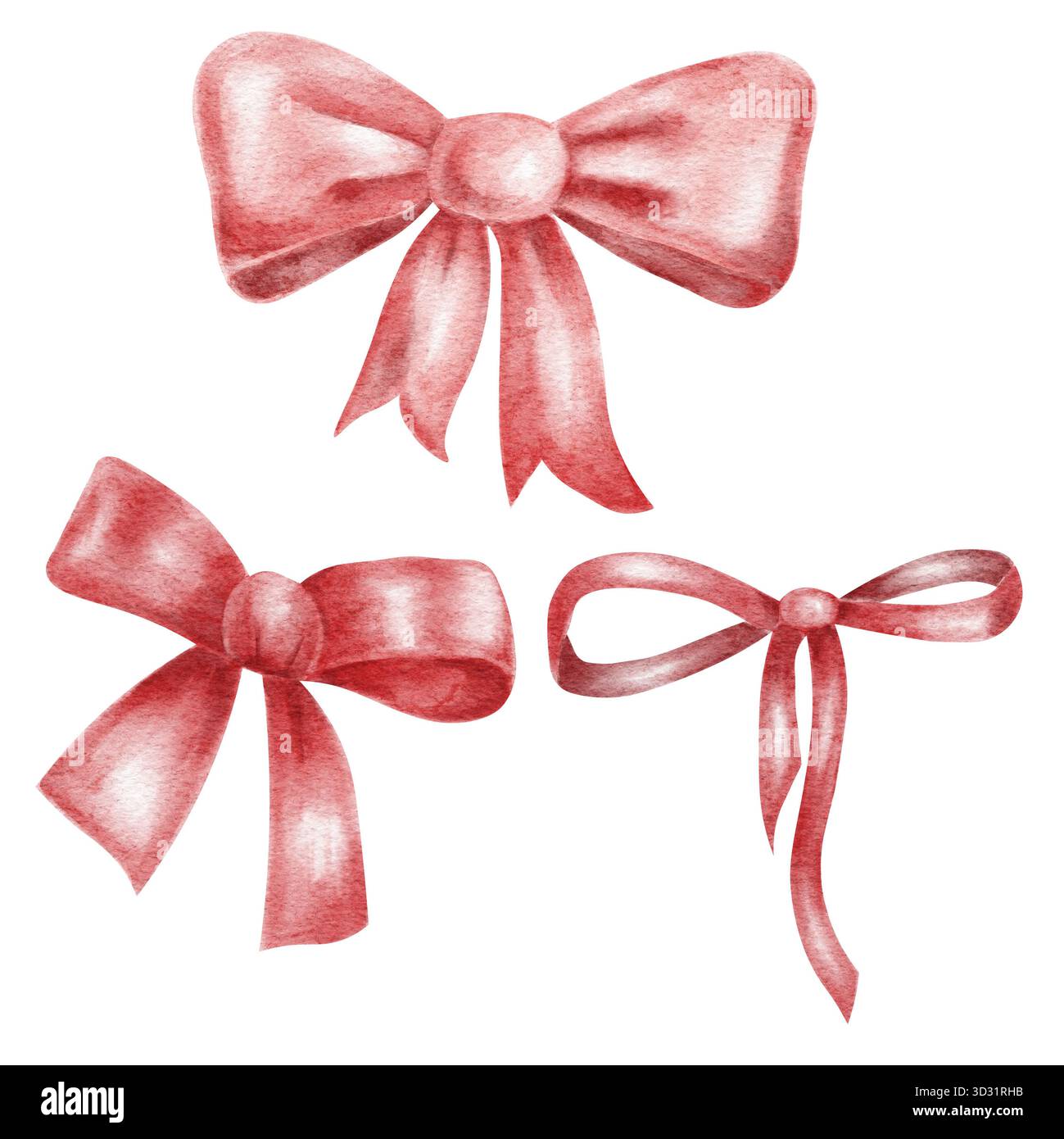 Set di fiocchi rossi e nastri, clipart di acquerello disegnato a mano, perfetto per confezioni regalo, confezioni natalizie, biglietti di Natale, artigianato digitale o decorazioni stampabili Foto Stock