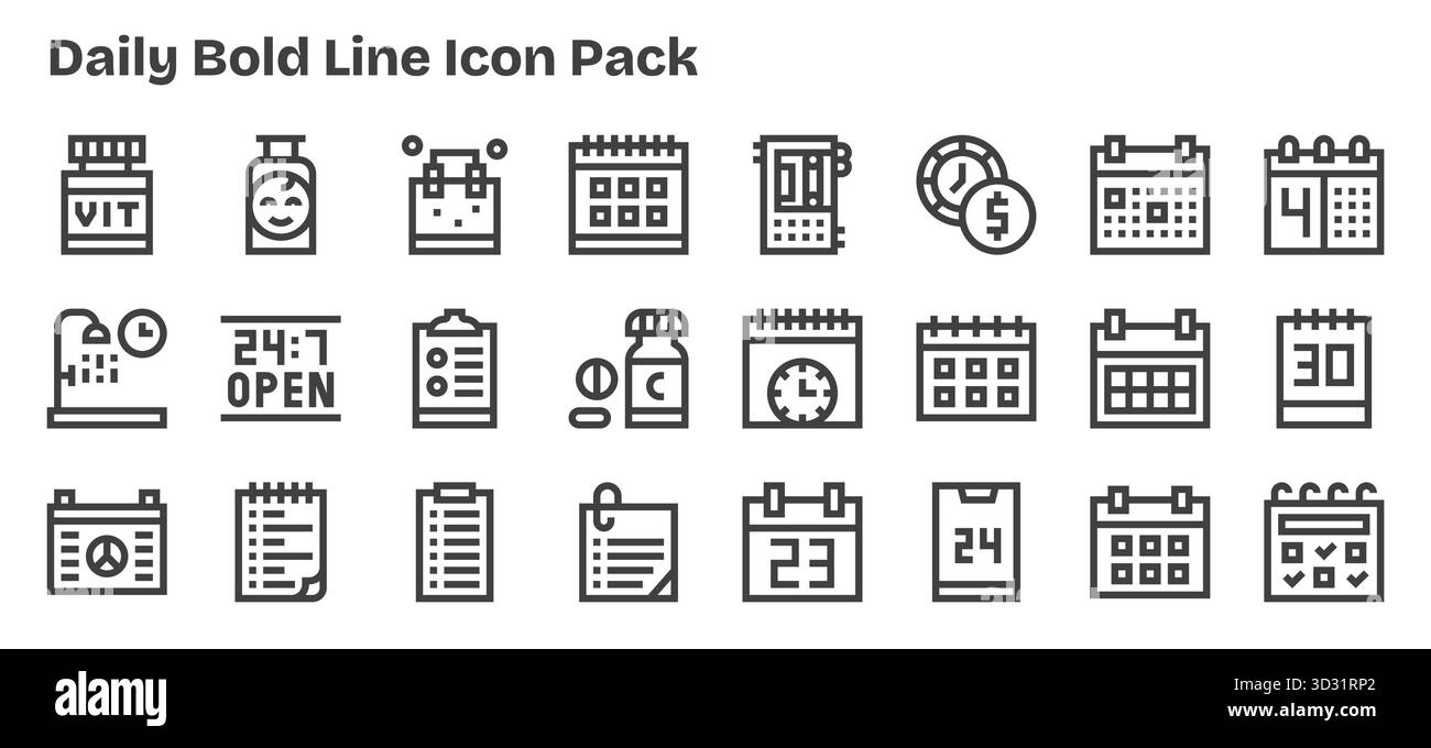 24 icone progettate in modo professionale in stile grassetto, che catturano l'essenza della progettazione dell'interfaccia utente quotidiana. Illustrazione Vettoriale