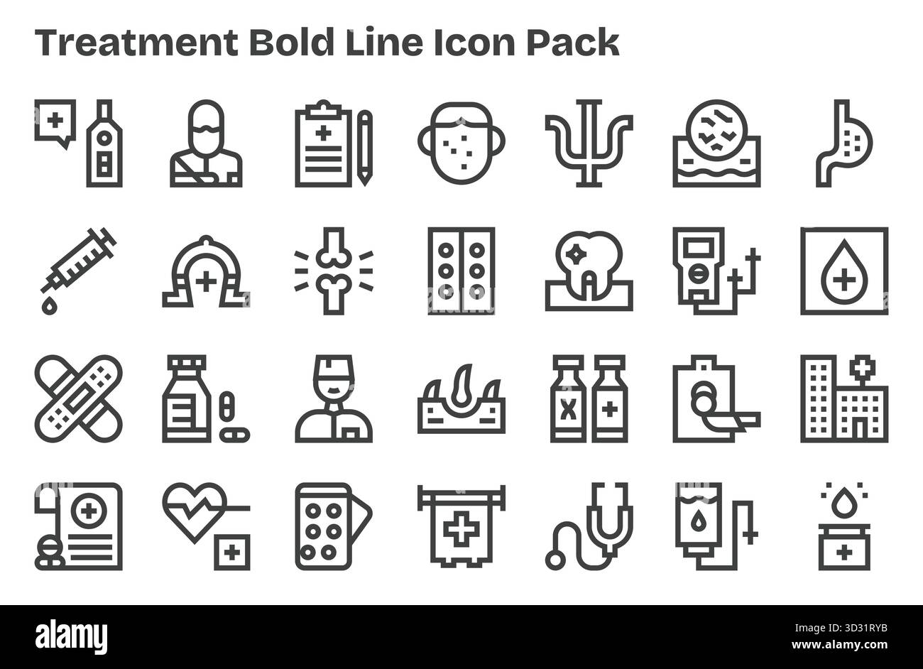 Questo set di 28 icone Extra Bold Line cattura i temi del trattamento, perfetto per applicazioni tecnologiche e aziendali. Illustrazione Vettoriale