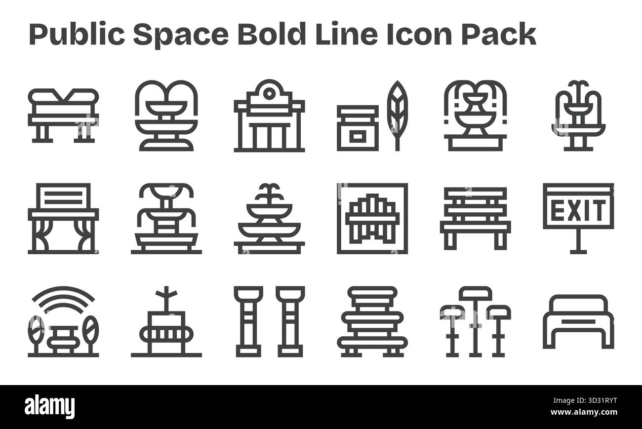 Scopri un set di 18 icone Bold Line create per il tema Public Space, ideali per i moderni progetti UI/UX. Illustrazione Vettoriale
