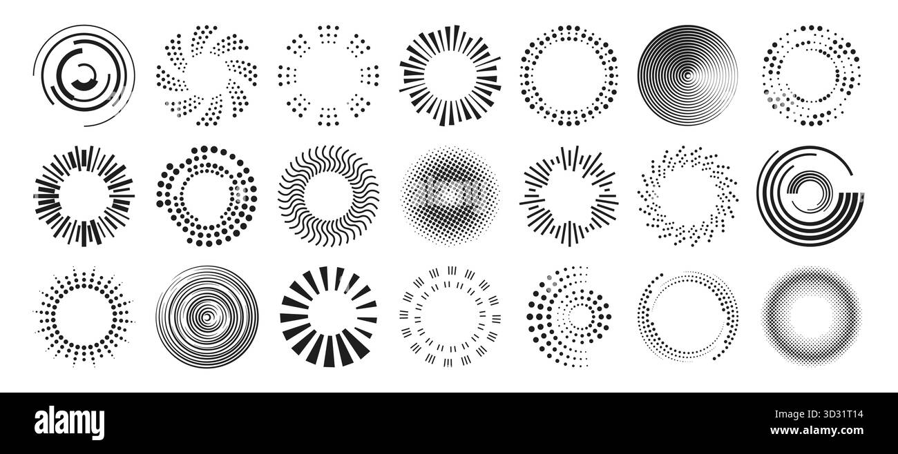 Schemi arrotondati astratti impostati isolati sullo sfondo. Illustrazione vettoriale di cerchi neri con punti, linee e onde, suono ondulato o anelli di segnale radio, effetto vibrazione radiale, icone dell'epicentro Illustrazione Vettoriale