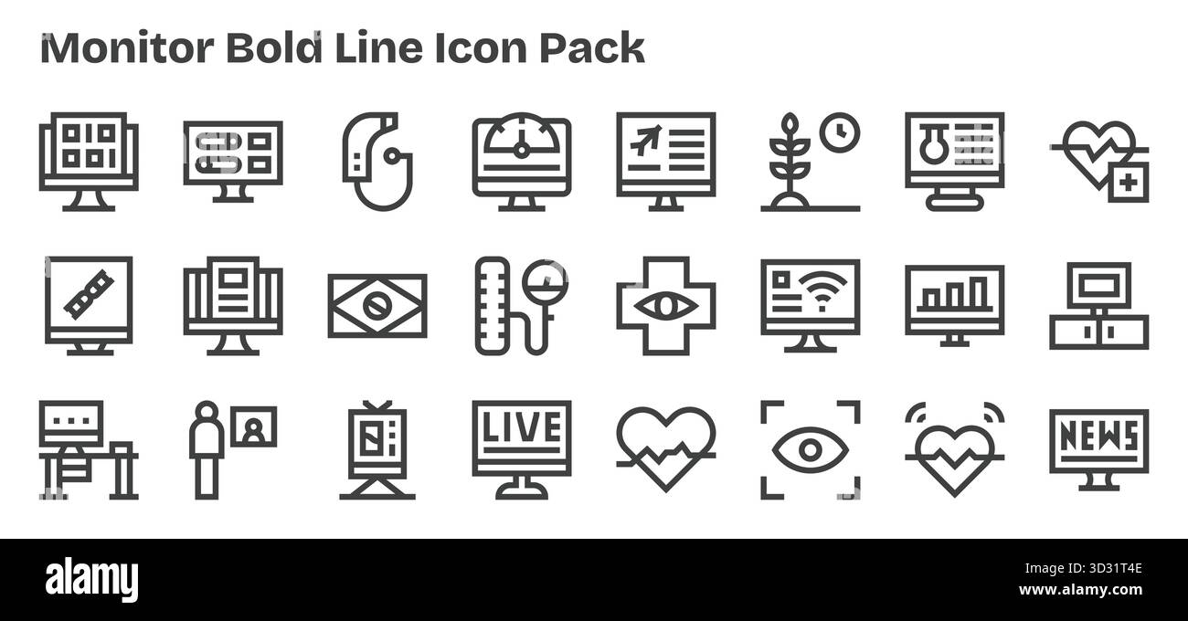 Scopri un set di 24 icone sagomate create per il tema monitor, ideali per i moderni progetti UI/UX. Illustrazione Vettoriale