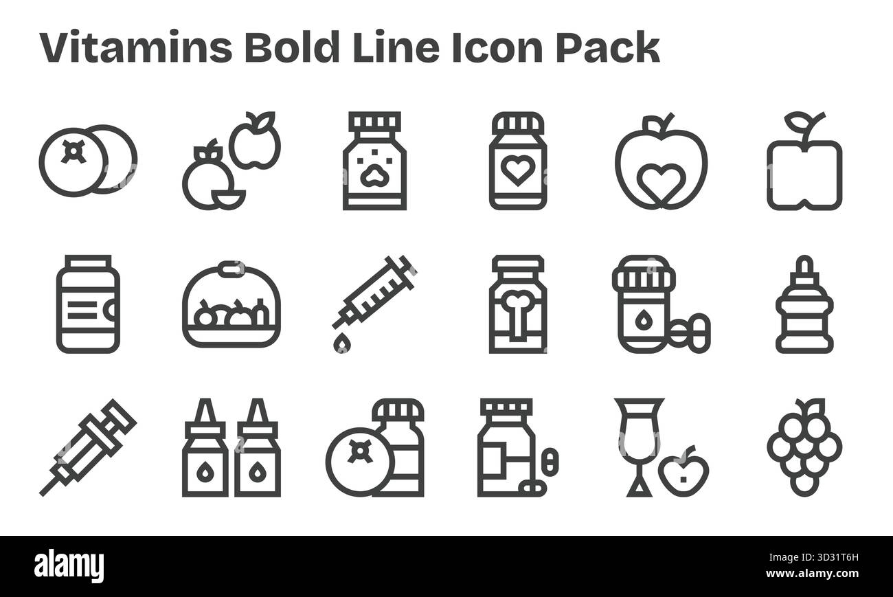 Un set dinamico di 18 icone in stile Bold Line, studiate per le vitamine e adatte per i prodotti digitali. Illustrazione Vettoriale