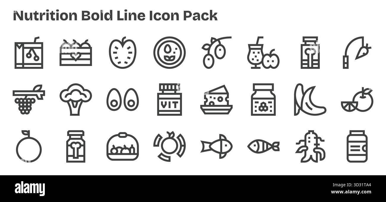 Migliora i tuoi progetti con 24 icone Bold Outline incentrate sulla nutrizione, ideali per progetti puliti e professionali. Illustrazione Vettoriale