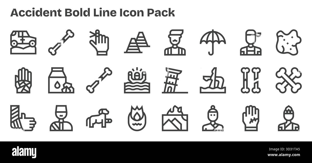 Questo set di 24 icone sagomate cattura i temi degli incidenti, perfetto per applicazioni tecnologiche e aziendali. Illustrazione Vettoriale