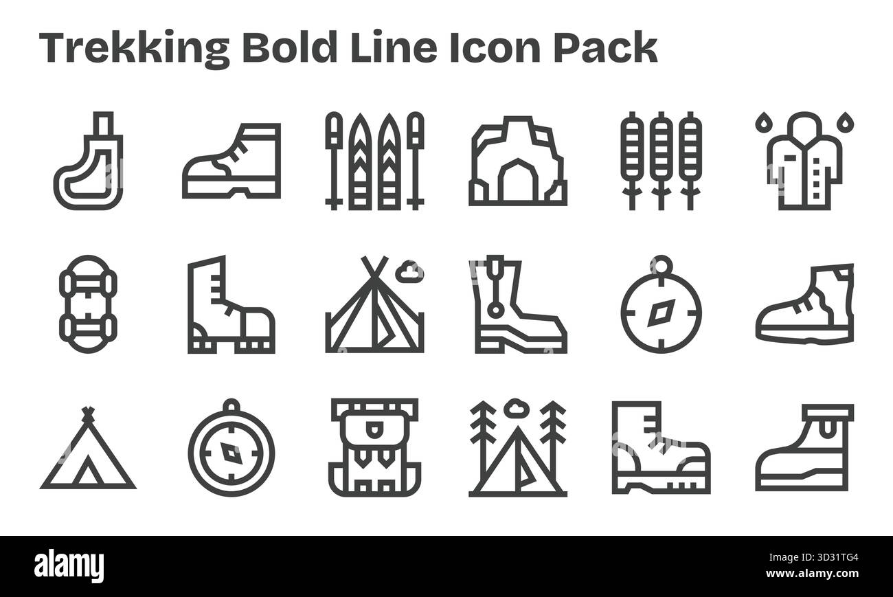 Confezione curata di 18 icone vettoriali nel design Bold Line, incentrata sui concetti Trekking. Illustrazione Vettoriale