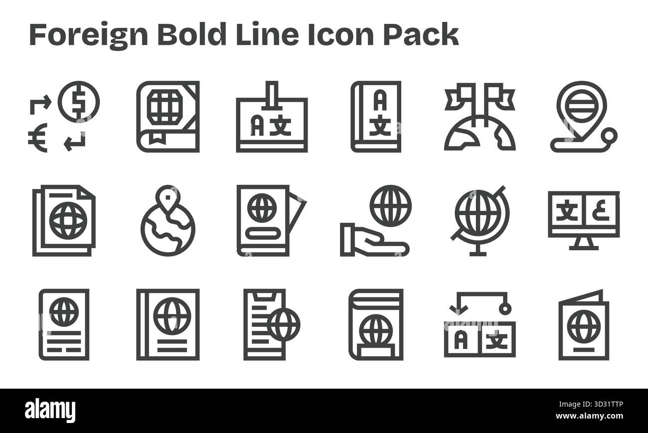 Confezione curata di 18 icone vettoriali nel design Bold Line, incentrata su Foreign Concepts. Illustrazione Vettoriale
