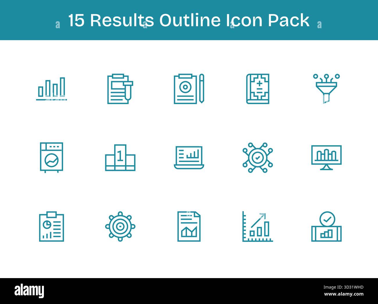 Migliora i tuoi progetti con 15 icone di contorno incentrate sui risultati, ideali per progetti puliti e professionali. Illustrazione Vettoriale
