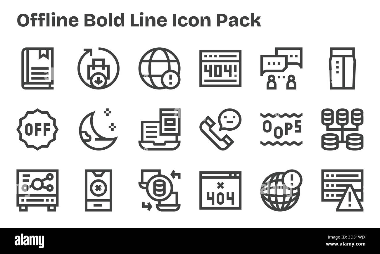 Una raccolta pulita di 18 icone Bold Line che rappresentano offline, progettate per dashboard e interfacce moderne. Illustrazione Vettoriale