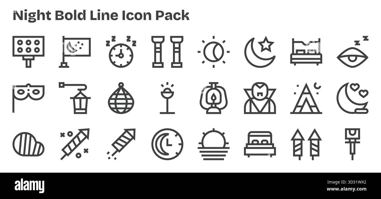 Questa collezione presenta 24 icone in stile Bold Outline pensate per il tema della notte, perfette per il design digitale. Illustrazione Vettoriale