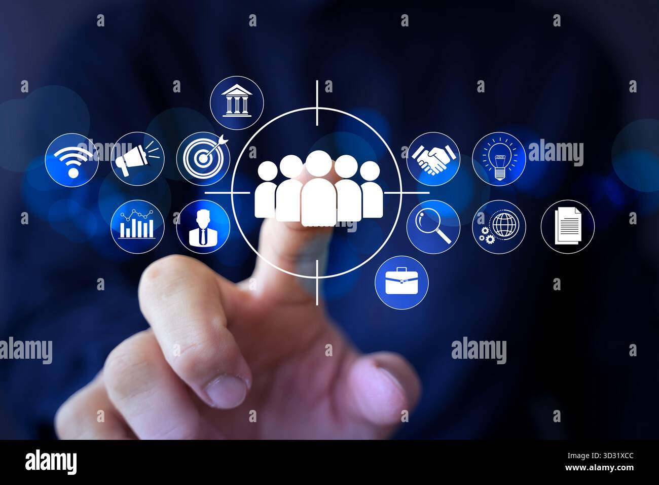 Concetto di targeting per il marketing digitale e segmentazione dei clienti con analisi dei dati, pubblicità online, comunicazione strategica e insigh del pubblico Foto Stock