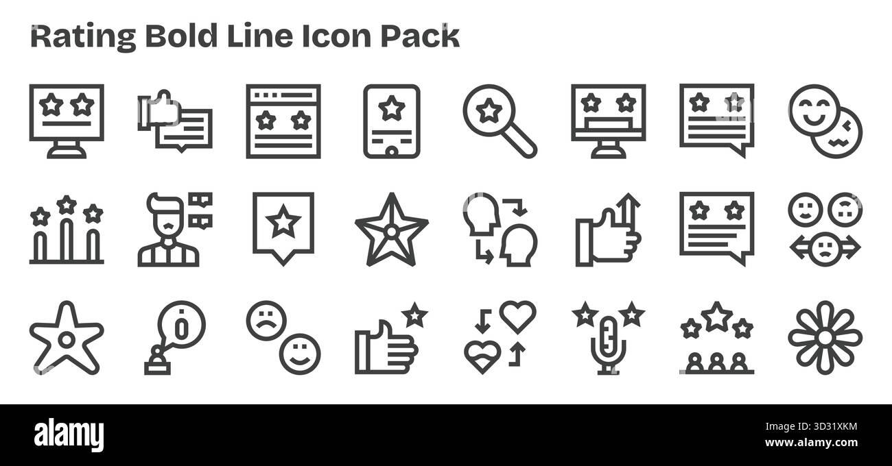 Collezione di 24 icone vettoriali in stile Bold Outline per la valutazione, progettate per chiarezza e versatilità. Illustrazione Vettoriale