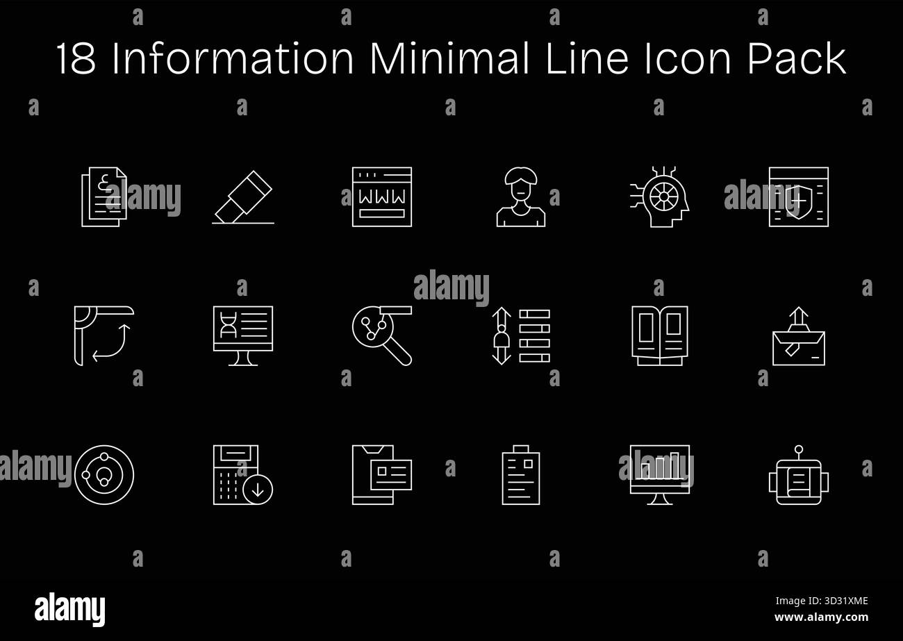 Scopri un set di 18 icone Minimal Line create per il tema Information, ideale per i moderni progetti UI/UX. Illustrazione Vettoriale