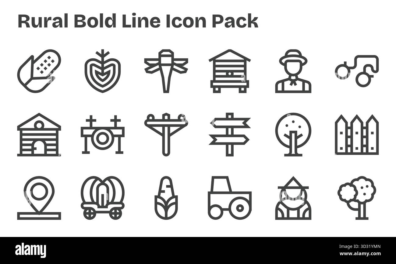 Un set dinamico di 18 icone in stile Bold Line, pensate per il settore rurale e adatte per i prodotti digitali. Illustrazione Vettoriale