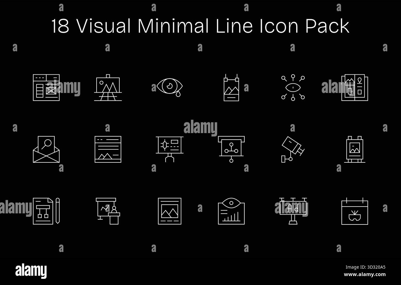 Un set dinamico di 18 icone in stile minimal Line, studiate per il Visual e adatte per i prodotti digitali. Illustrazione Vettoriale