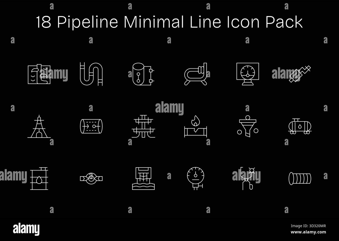 Collezione di 18 icone vettoriali minimali in stile linea per Pipeline, progettate per offrire chiarezza e versatilità. Illustrazione Vettoriale