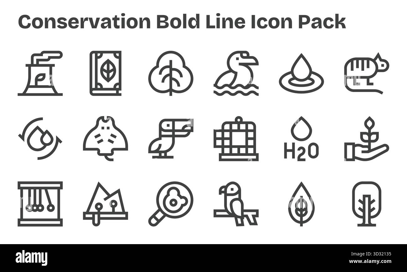 Questa collezione presenta 18 icone in stile Bold Line pensate per il tema Conservation, ideali per il design digitale. Illustrazione Vettoriale