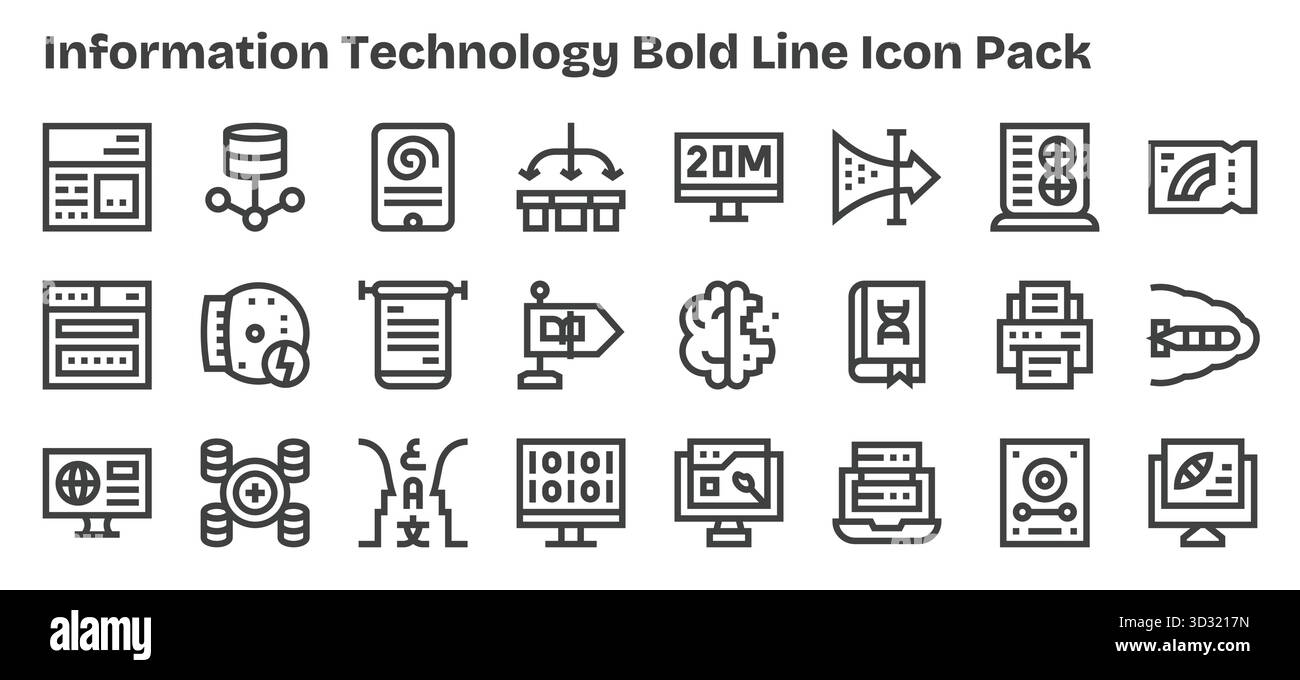 Un set dinamico di 24 icone in stile grassetto, studiato per le tecnologie dell'informazione e adatto per i prodotti digitali. Illustrazione Vettoriale