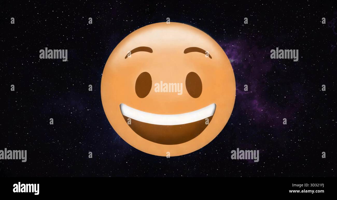 Mostra un grande viso emoji arancione sorridente che galleggia nello spazio pieno di stelle, con nebulosa viola Foto Stock