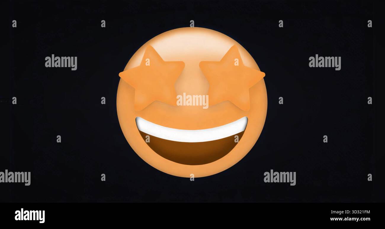 Grande icona arancione di emoji su sfondo nero, con occhi a forma di stella e bocca sorridente Foto Stock