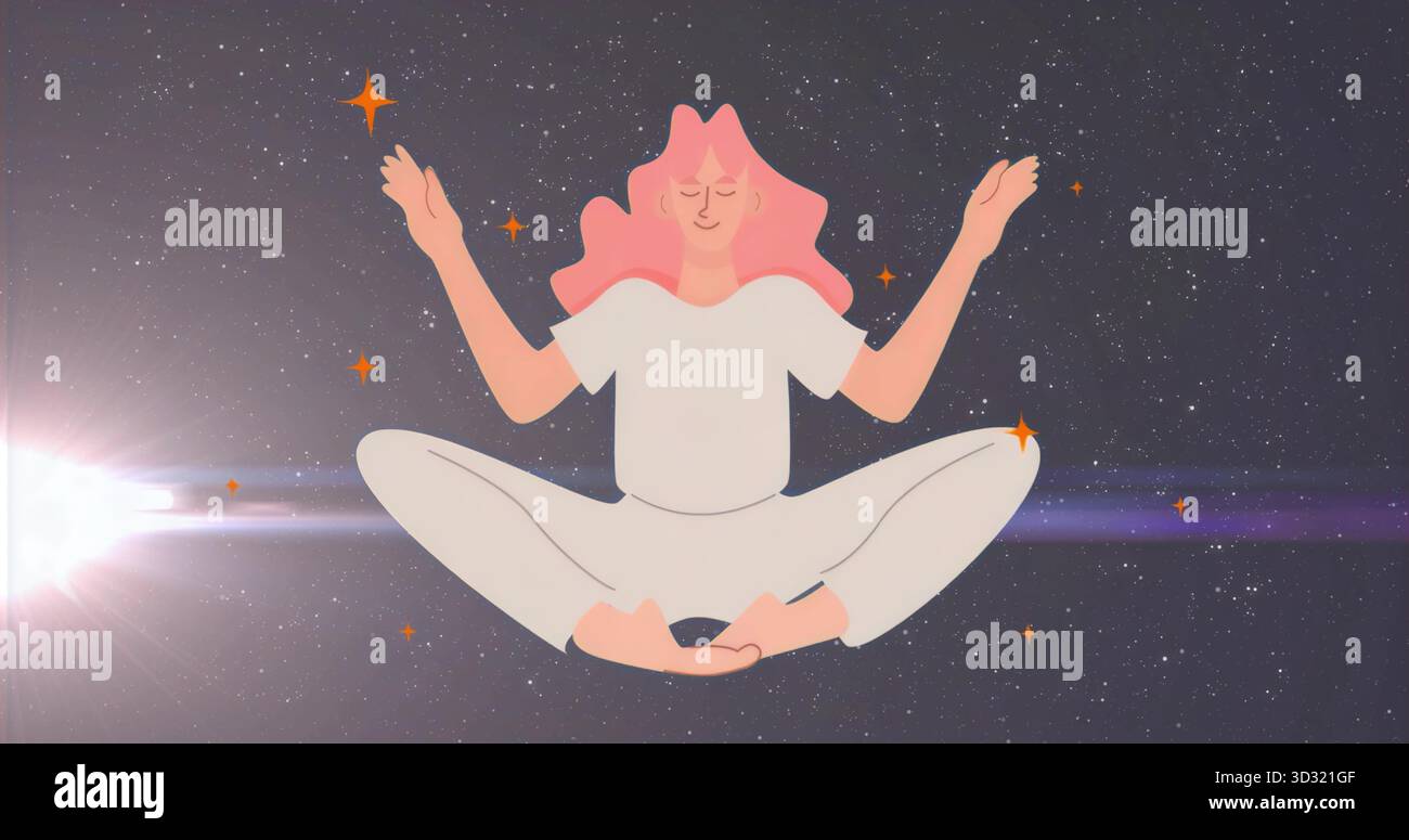Figura femminile liscia stilizzata che pratica meditazione in starfield cosmico, con scintille arancioni Foto Stock