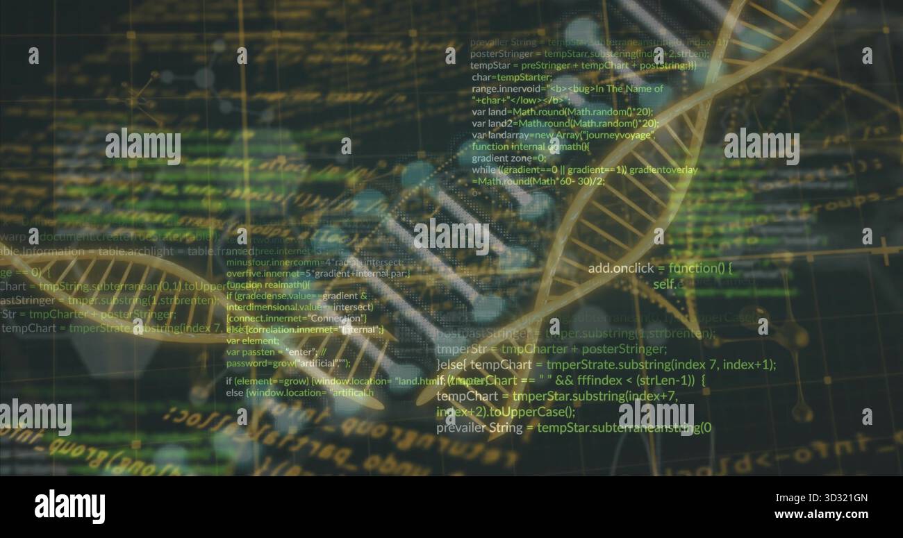L'elica DNA 3D si dispiega attraverso l'interfaccia virtuale, con codice, simboli matematici, linee di griglia Foto Stock