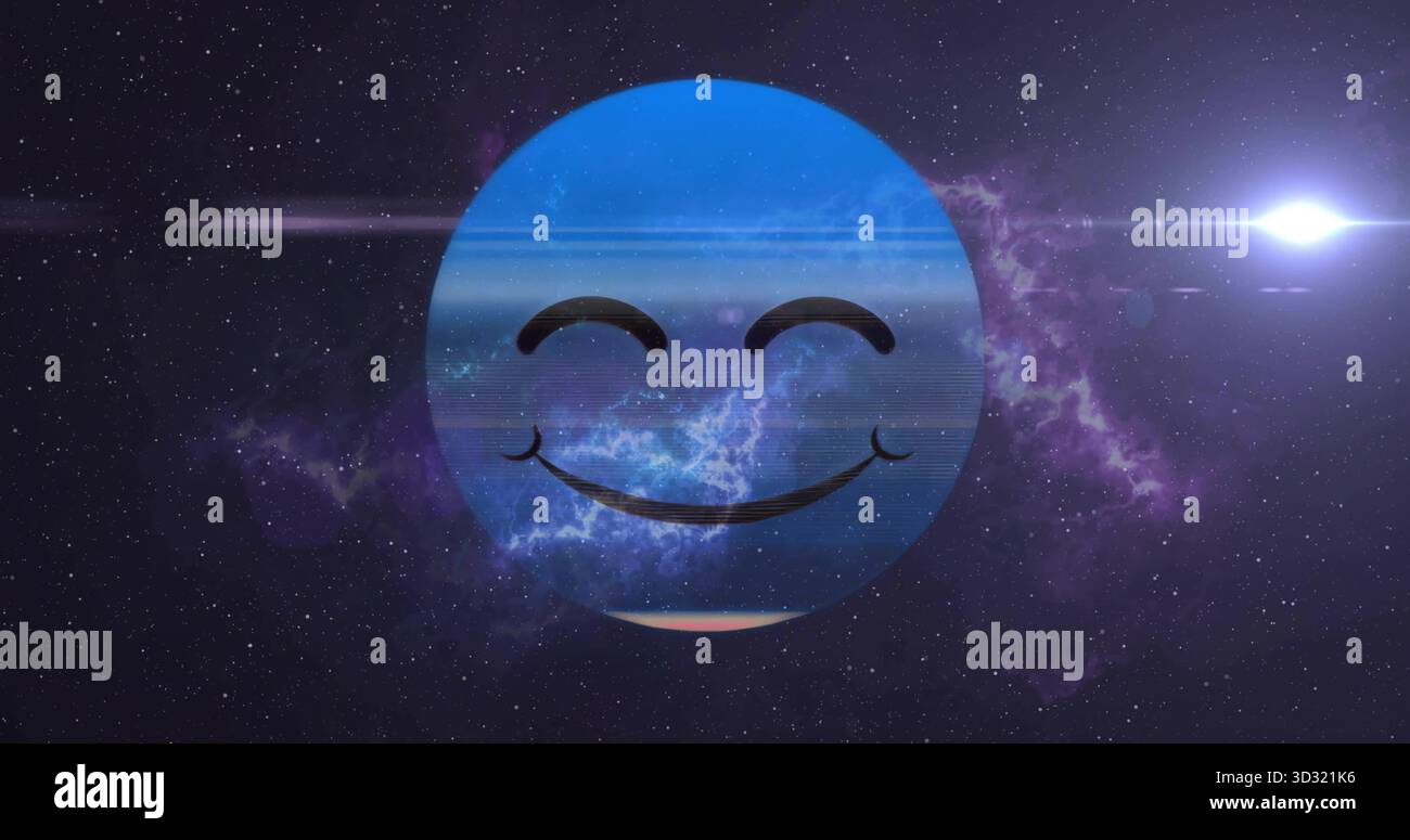 Sfera emoticon blu fluttuante che sorride attraverso la nebulosa viola con striature di luce bianca a stella Foto Stock