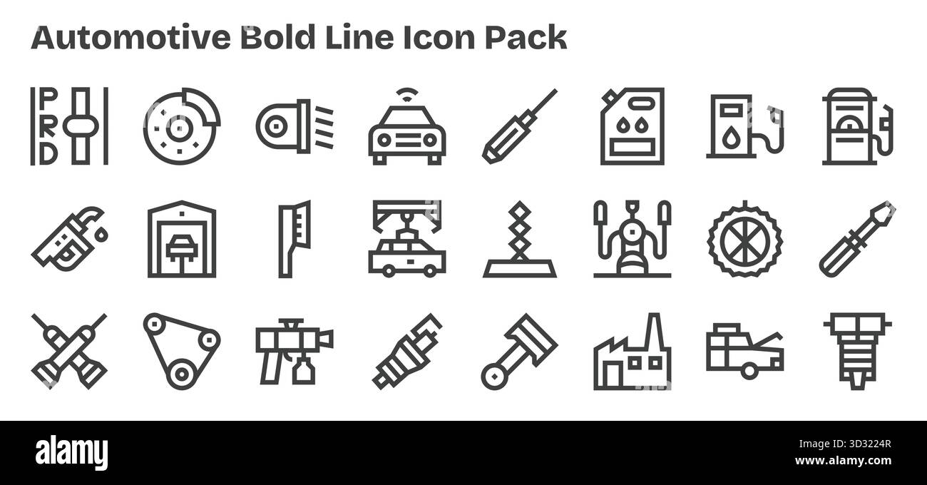 Questo pacchetto di icone per il settore automobilistico include 24 vettori sagomati, perfetti per migliorare le interfacce digitali. Illustrazione Vettoriale