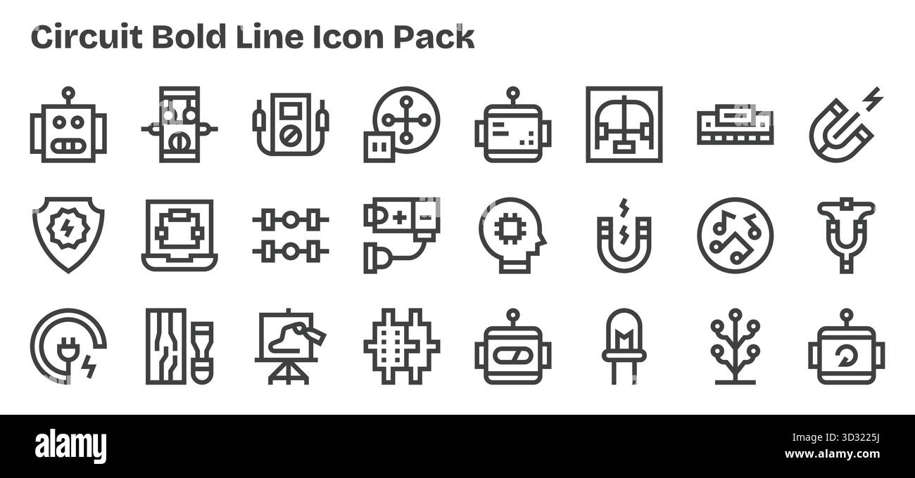 Scarica 24 icone grassetto scalabili progettate per Circuit, adatte per progetti professionali e creativi. Illustrazione Vettoriale