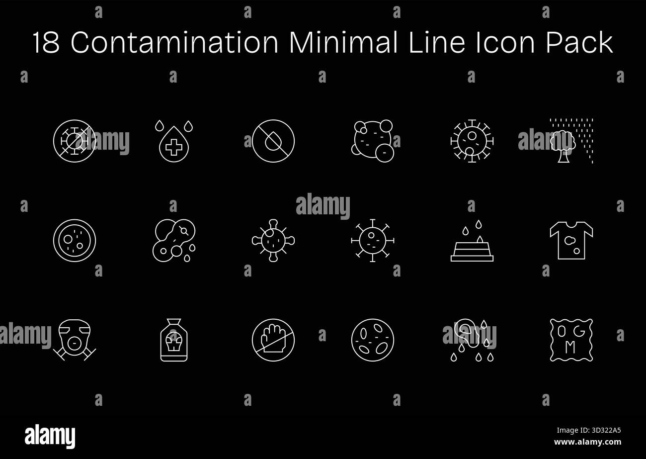 Migliora i tuoi progetti con 18 icone Minimal Line incentrate sulla contaminazione, ideali per progetti puliti e professionali. Illustrazione Vettoriale