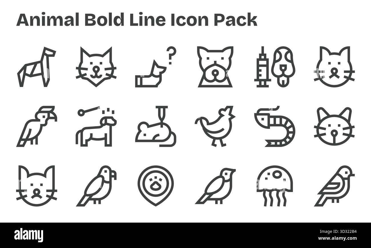 18 icone progettate in modo professionale in stile Bold Line, che catturano l'essenza di Animal per il design dell'interfaccia utente. Illustrazione Vettoriale
