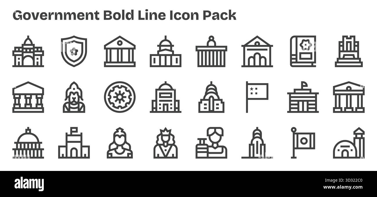 Questa collezione presenta 24 icone in stile Bold Outline pensate per il tema governativo, perfette per il design digitale. Illustrazione Vettoriale