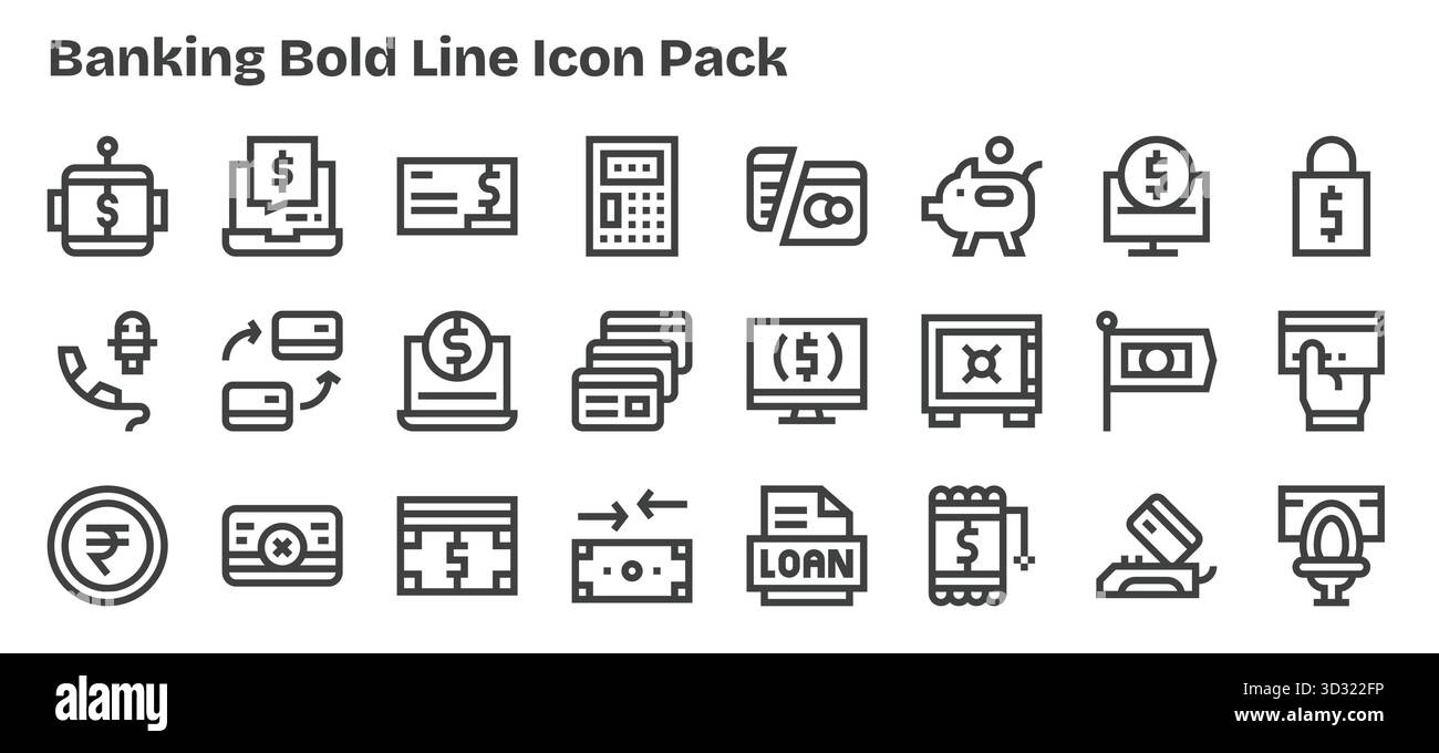 Questa collezione presenta 24 icone in stile Bold Outline pensate per il tema bancario, perfette per il design digitale. Illustrazione Vettoriale