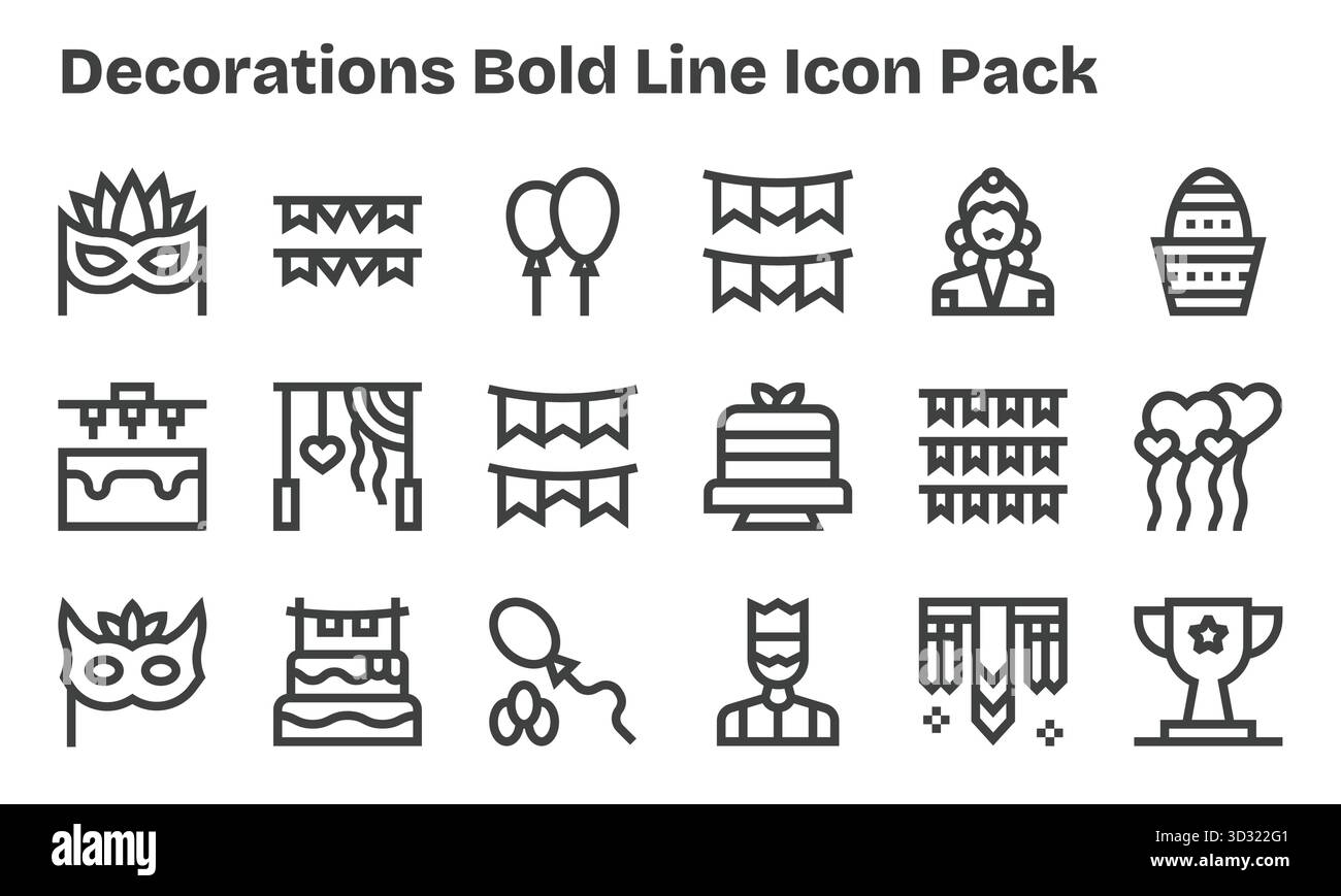 18 icone progettate in modo professionale in stile Bold Line, che catturano l'essenza delle decorazioni per il design dell'interfaccia utente. Illustrazione Vettoriale