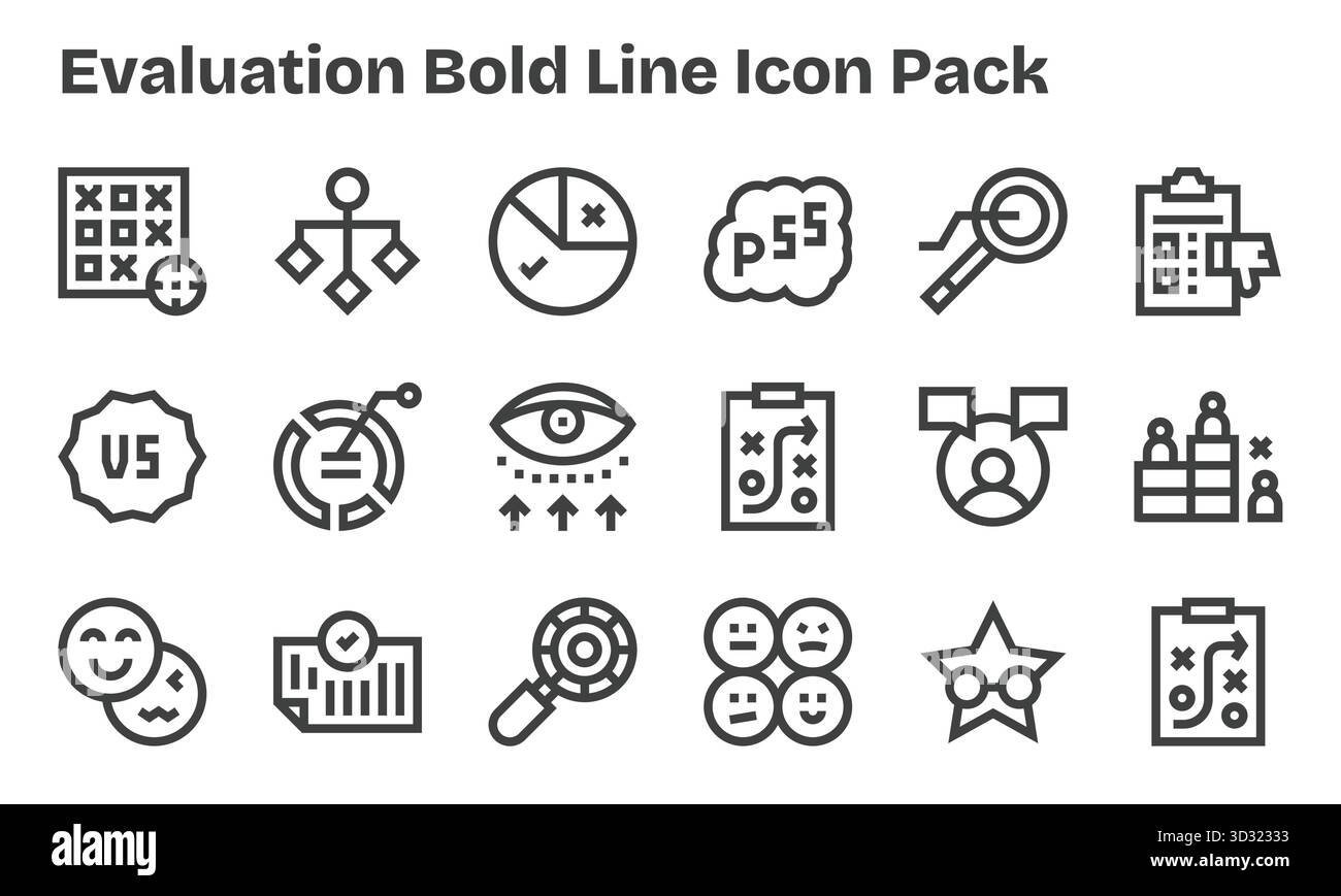 Questo set di 18 icone Bold Line cattura temi di valutazione, perfetti per applicazioni tecnologiche e aziendali. Illustrazione Vettoriale