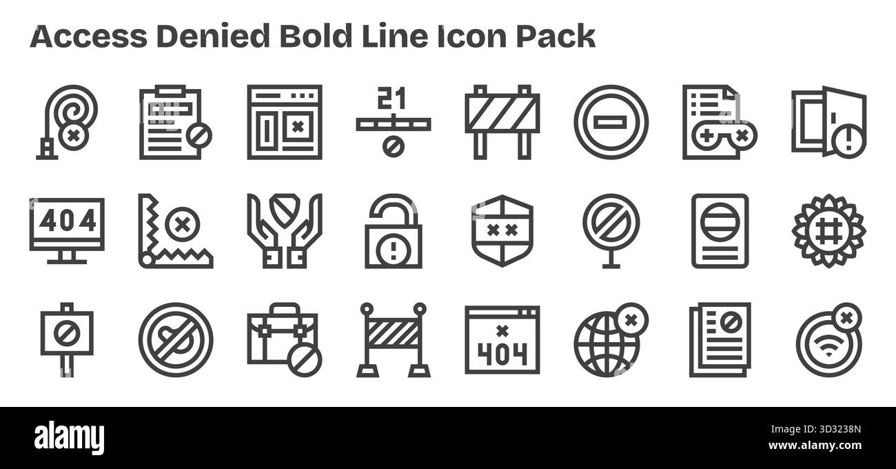Un set versatile di 24 icone vettoriali Bold Outline incentrate sull'accesso negato, ideale per applicazioni mobili e Web. Illustrazione Vettoriale