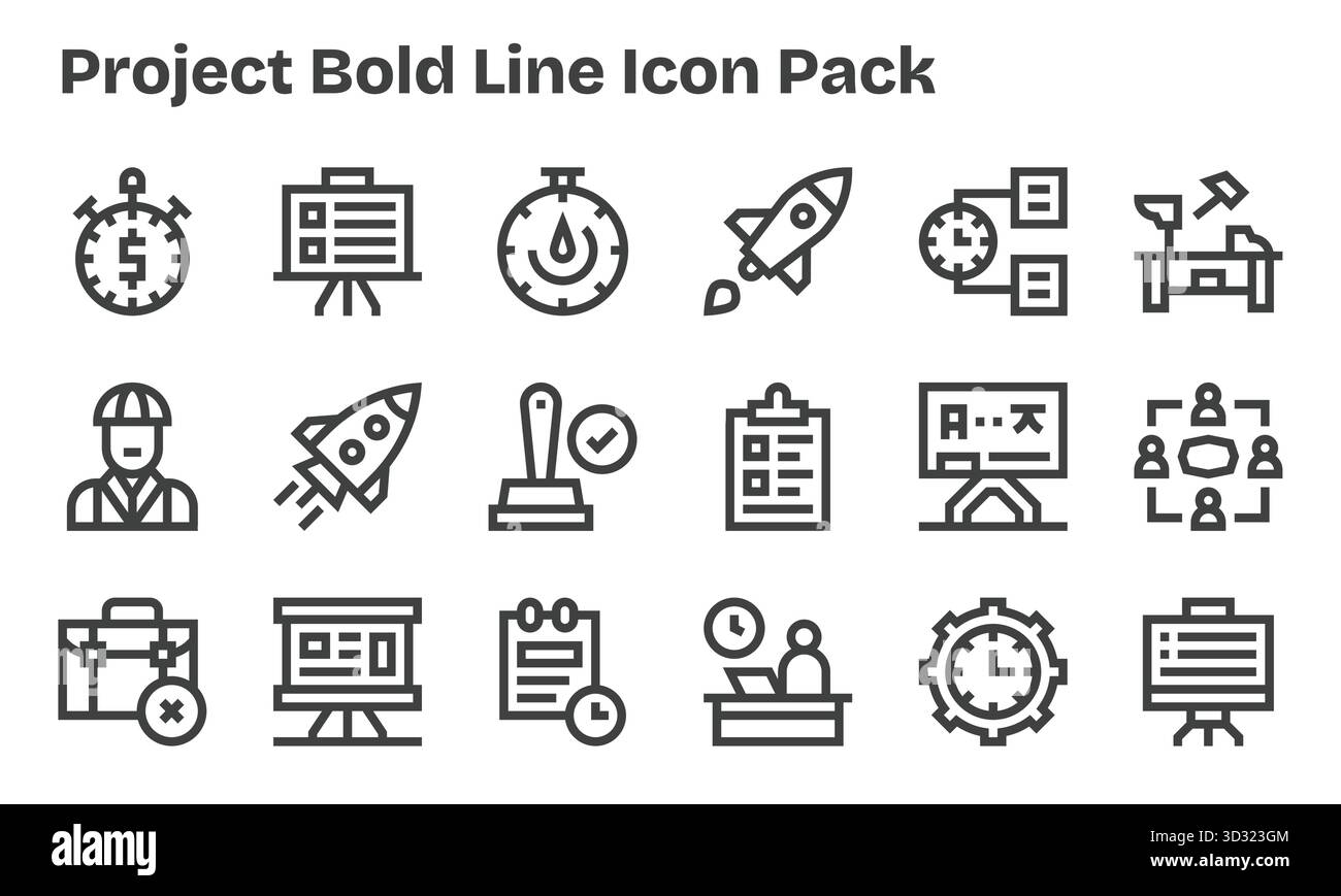 Un set versatile di 18 icone vettoriali Bold Line incentrate su Project, ideale per applicazioni mobili e Web. Illustrazione Vettoriale