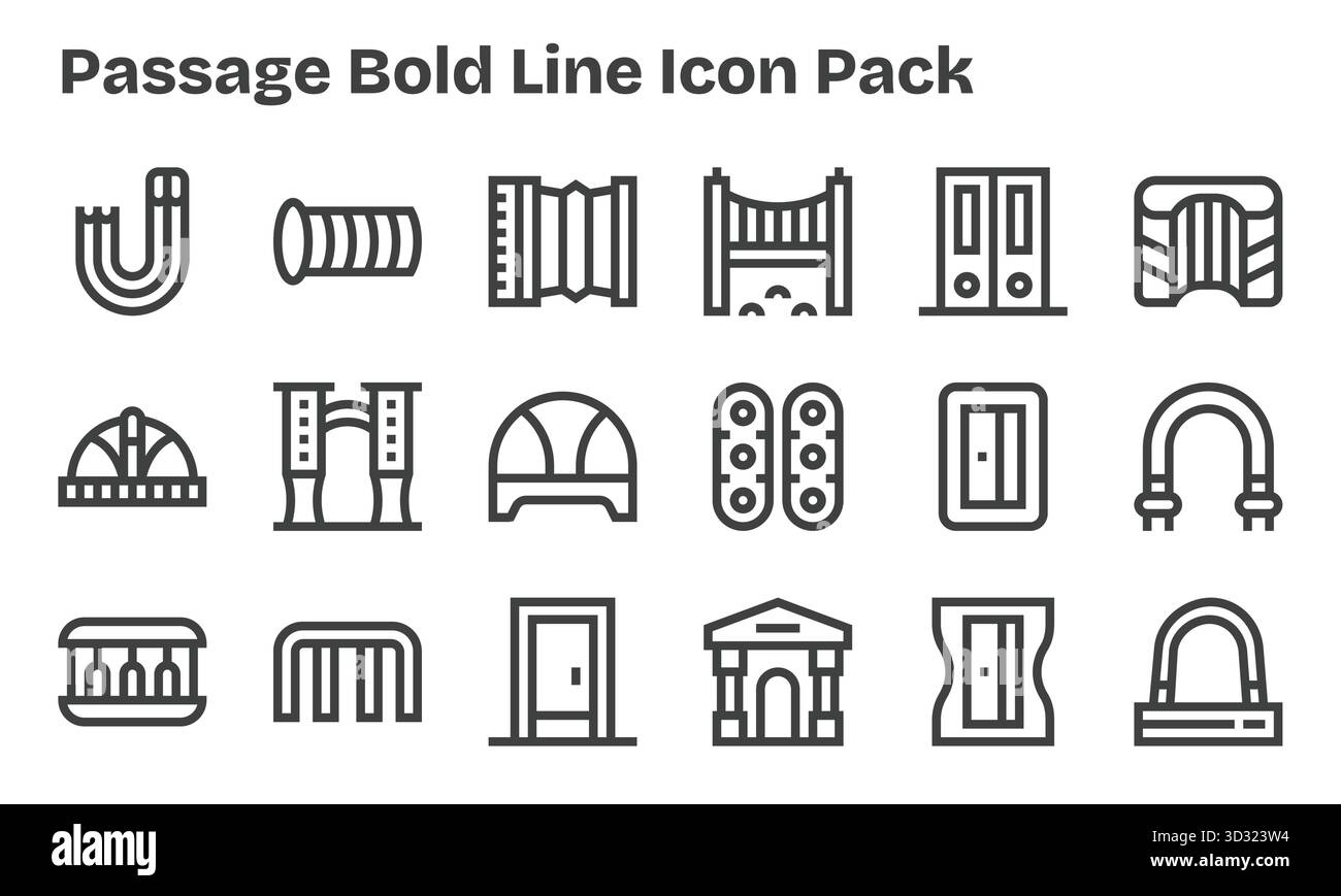 Set di 18 icone in stile Bold Line ispirate a Passage, create per un'integrazione perfetta in app e siti Web. Illustrazione Vettoriale