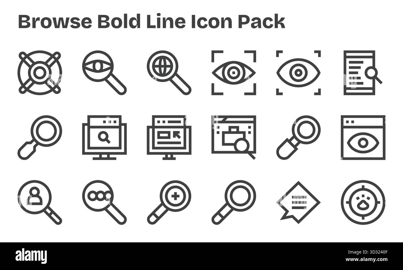 Questa collezione presenta 18 icone in stile Bold Line pensate per il tema Browse, ideali per il design digitale. Illustrazione Vettoriale
