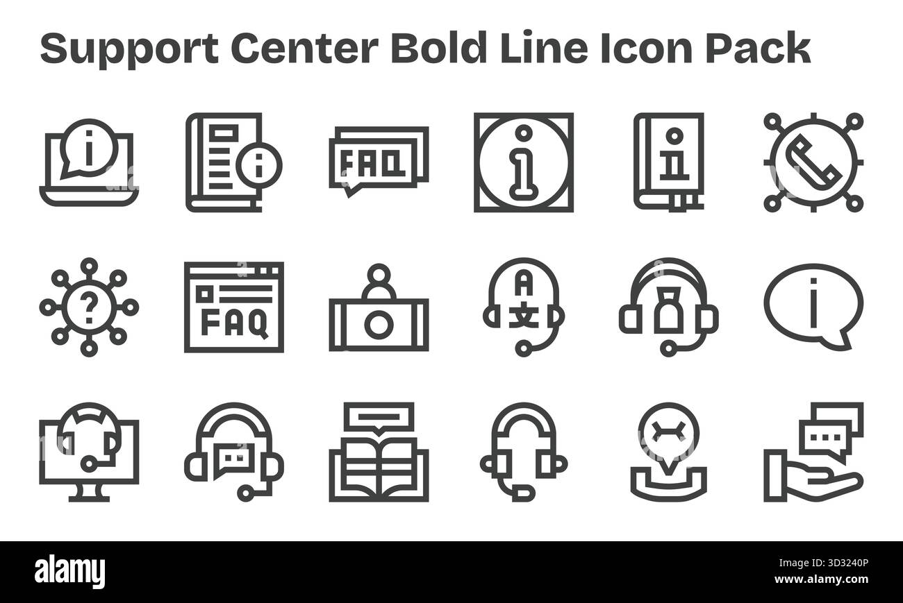 Questa collezione presenta 18 icone in stile Bold Line, pensate per il tema Support Center, ideali per il design digitale. Illustrazione Vettoriale
