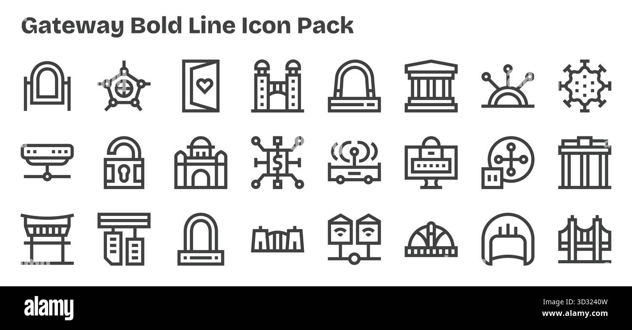 Scopri un set di 24 icone sagomate create per il tema Gateway, ideali per i moderni progetti UI/UX. Illustrazione Vettoriale