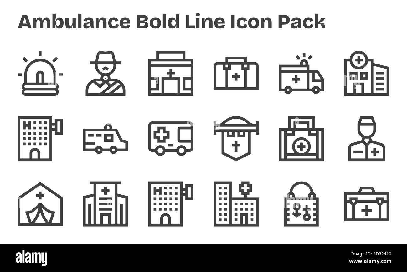 Collezione di 18 icone vettoriali in stile Bold Line per le ambulanze, progettate per offrire chiarezza e versatilità. Illustrazione Vettoriale