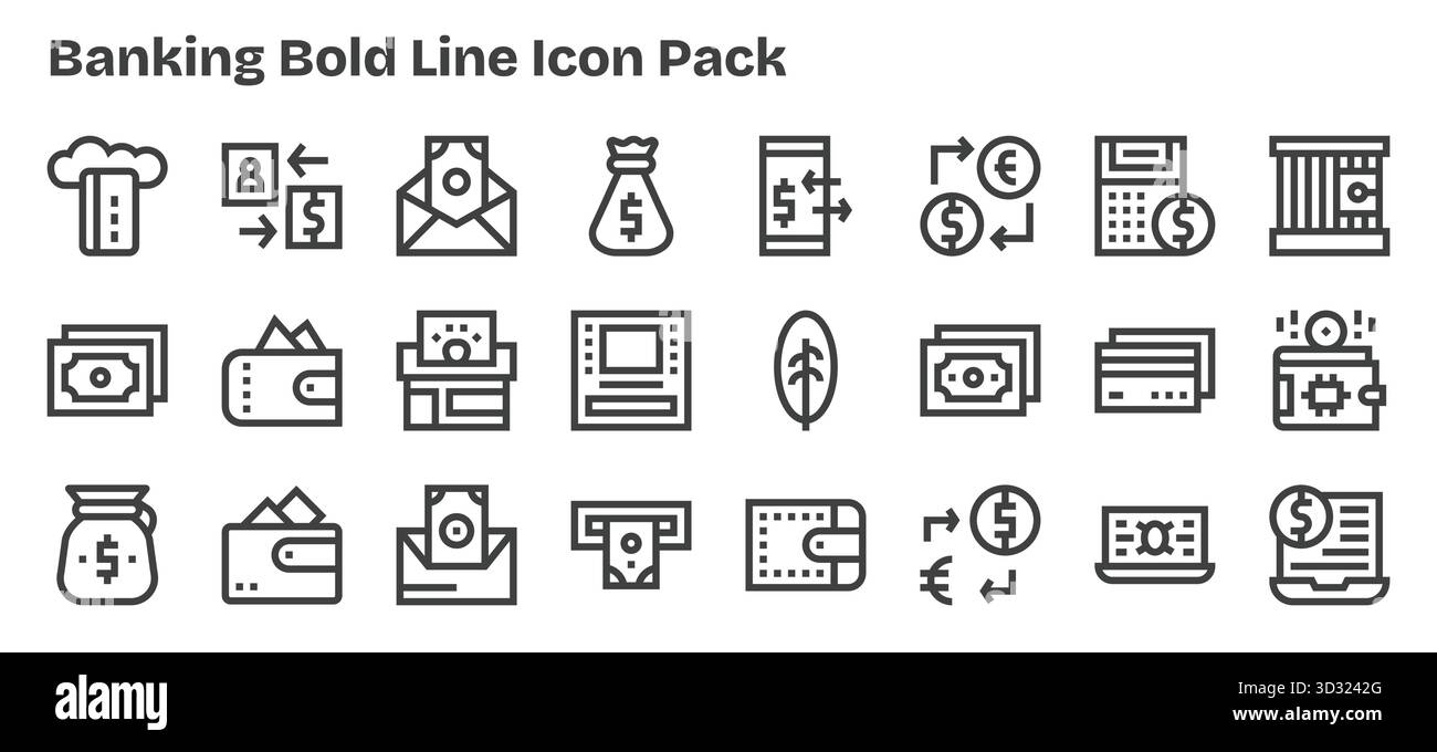 Una raccolta pulita di 24 icone Bold Outline che rappresentano il settore bancario, progettate per dashboard e interfacce moderne. Illustrazione Vettoriale