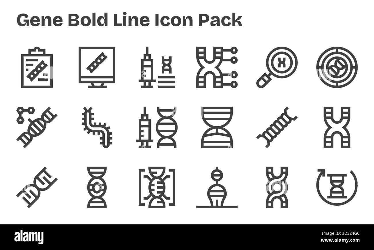 Una collezione pulita di 18 icone Bold Line che rappresentano Gene, progettate per dashboard e interfacce moderne. Illustrazione Vettoriale