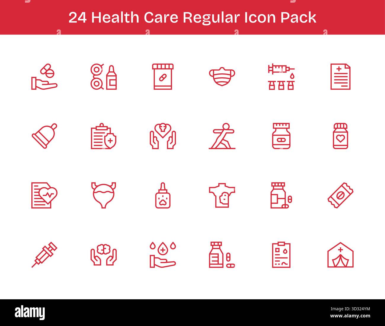 Migliora i tuoi progetti con 24 icone di contorno regolari incentrate sull'assistenza sanitaria, ideali per progetti puliti e professionali. Illustrazione Vettoriale