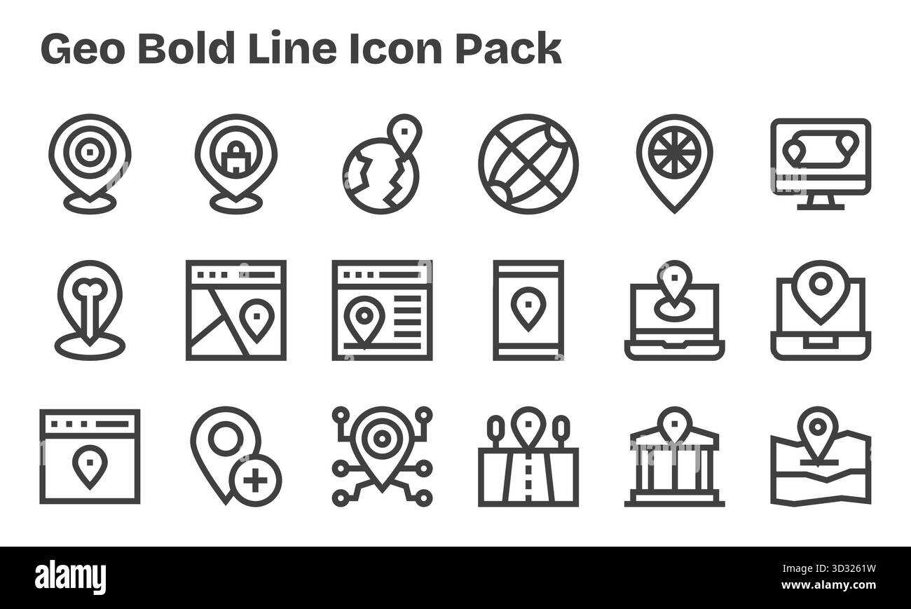 Confezione curata di 18 icone vettoriali nel design Bold Line, incentrata sui concetti Geo. Illustrazione Vettoriale