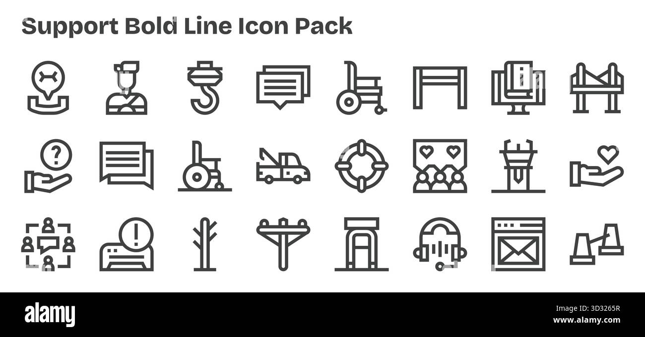 24 icone progettate in modo professionale in stile grassetto, che catturano l'essenza del supporto per la progettazione dell'interfaccia utente. Illustrazione Vettoriale