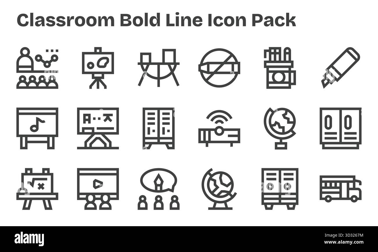 Scopri un set di 18 icone Bold Line realizzate per il tema Classroom, ideali per progetti UI/UX moderni. Illustrazione Vettoriale