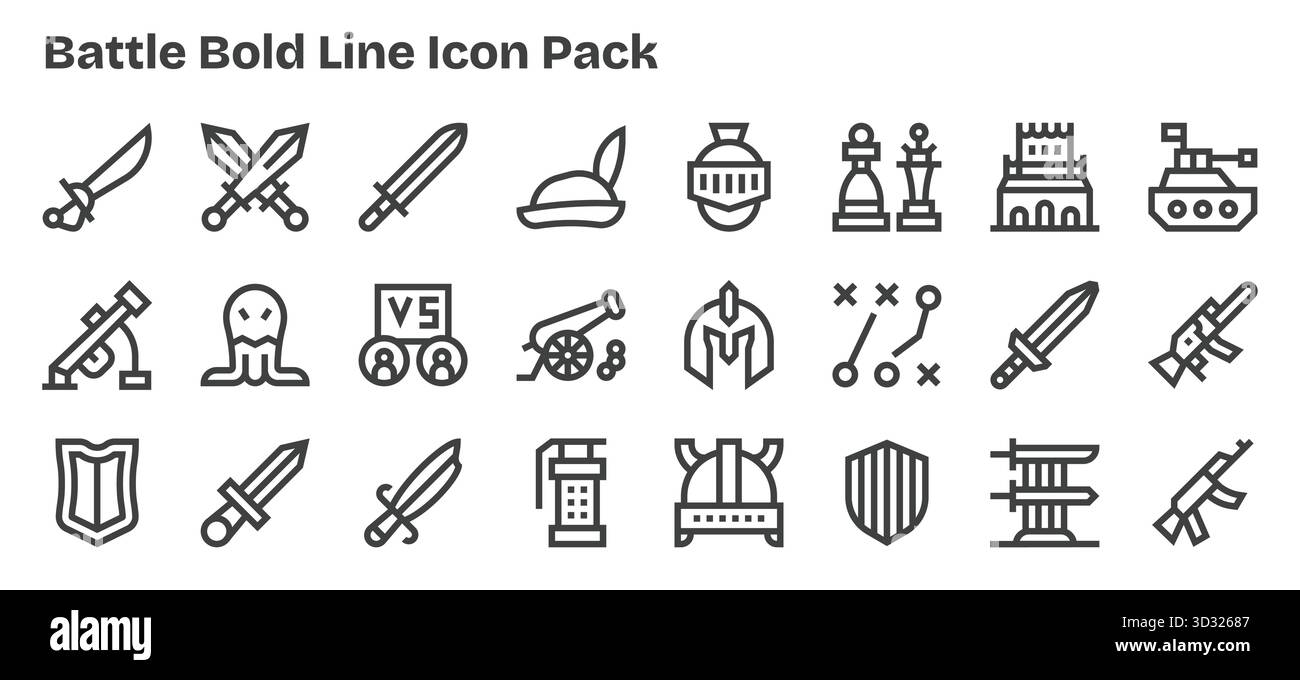 Una raccolta pulita di 24 icone Bold Outline che rappresentano Battle, progettate per dashboard e interfacce moderne. Illustrazione Vettoriale